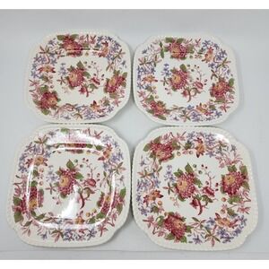 4 Copeland England Red "Spode's Aster" Square Salad Dessert Plates Gadroon 8.25"